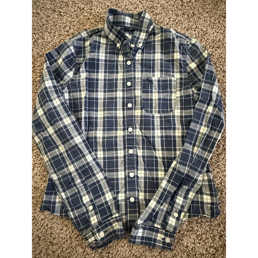Abercrombie Kids Boys Navy Blue Plaid Button Down Shirt Long Sleeve Size Large